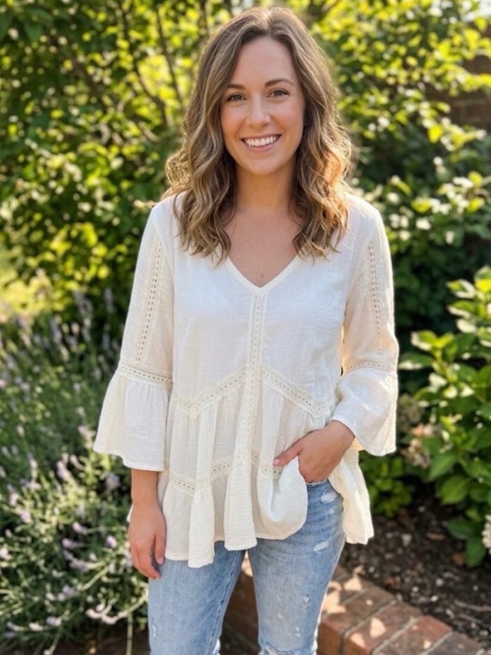 Anthropologie POL V-Neck Peasant Blouse Casual Boho Top - #271